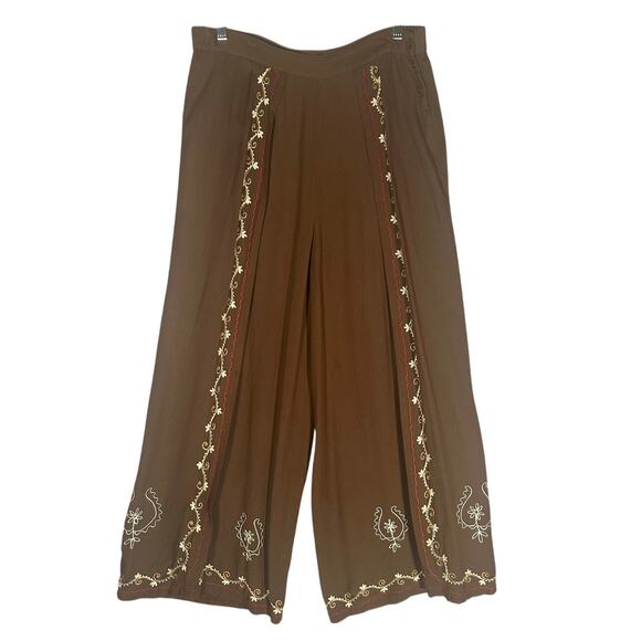 Geeta Split Wide Leg Embroidered Crop Pants OS 32x25 Brown Flowy Bohemian Gypsy - Picture 1 of 10
